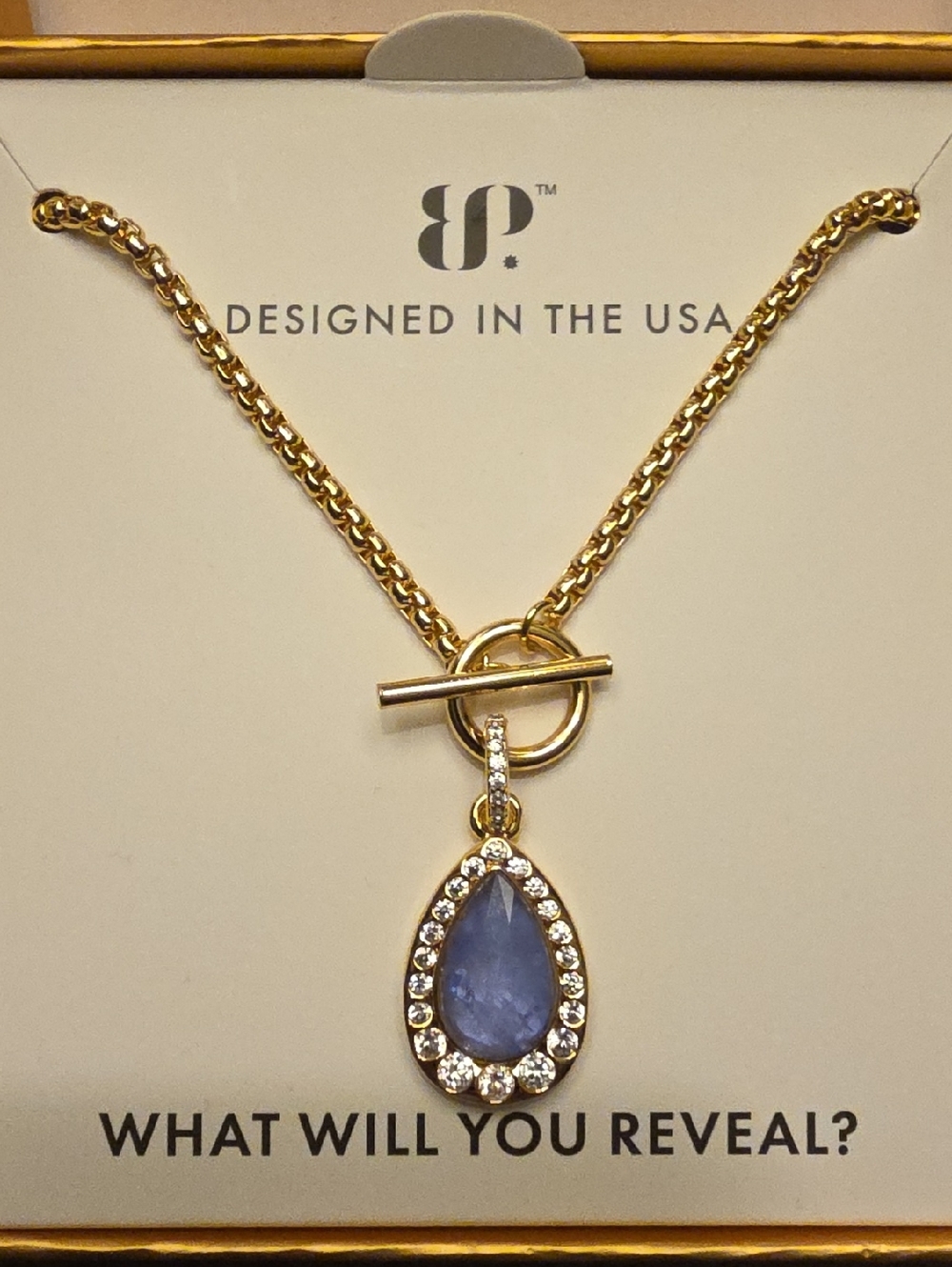 BP Gem Society Gold-Tone Necklace with Blue Teardrop and Crystal Halo
